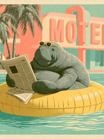 Manatee Motel Retro Illustration Poster. poster