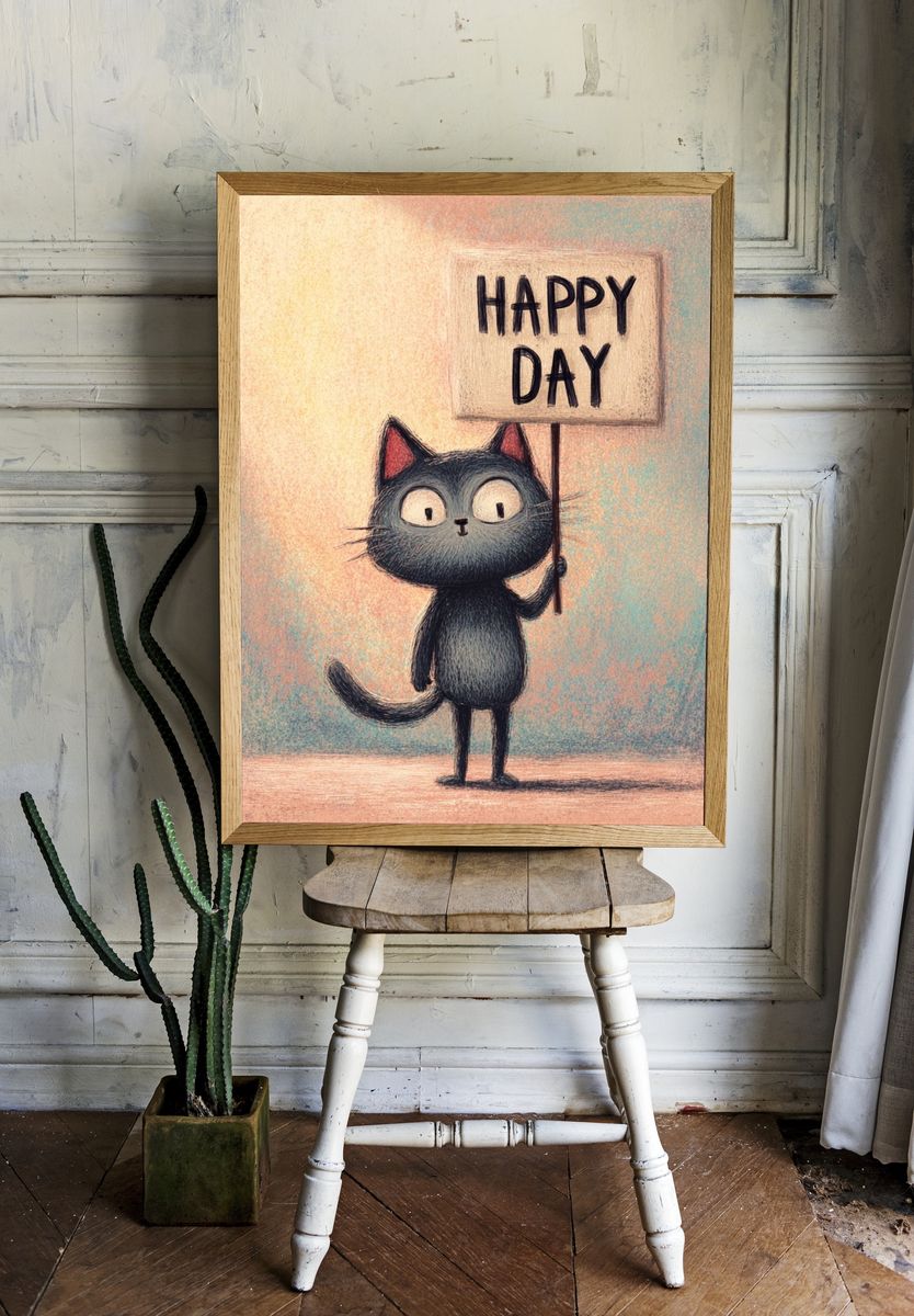 Happy Cat Illustration Poster. — room view 1