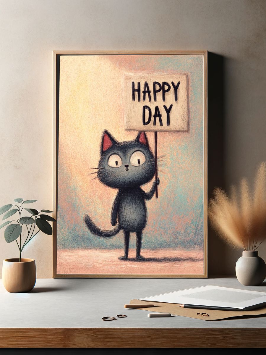 Happy Cat Illustration Poster. — room view 2