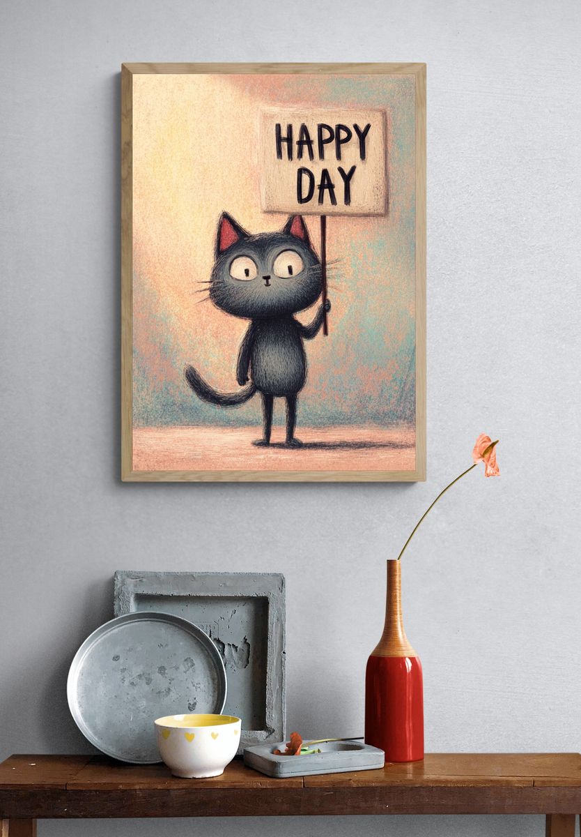 Happy Cat Illustration Poster. — room view 3