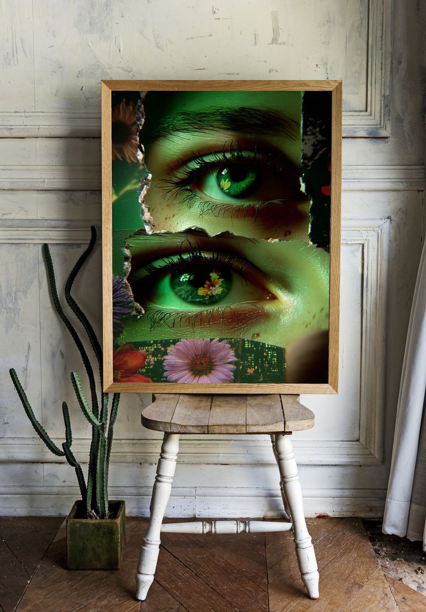 Green Floral Eyes Digital Art Print. — room view 1