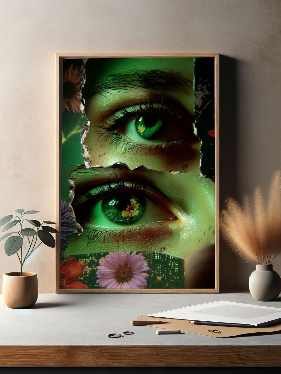 Green Floral Eyes Digital Art Print. — room view 2