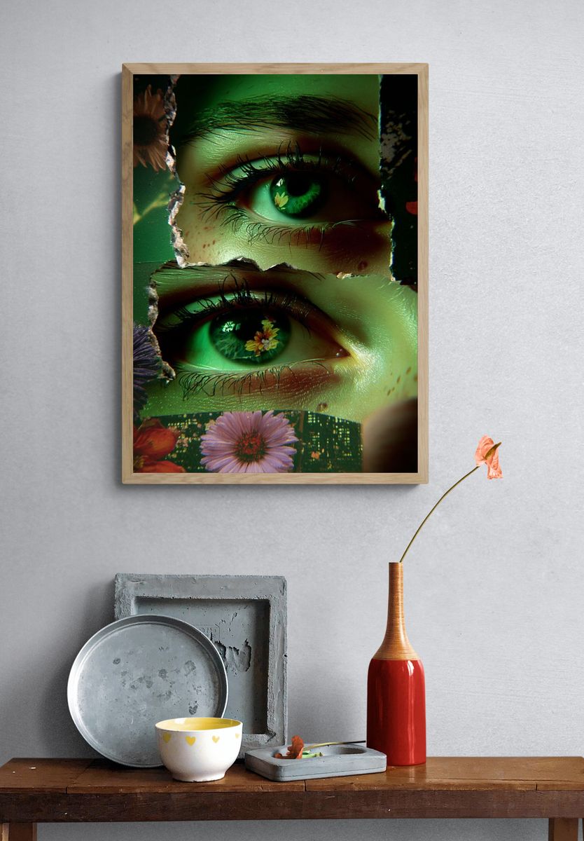 Green Floral Eyes Digital Art Print. — room view 3