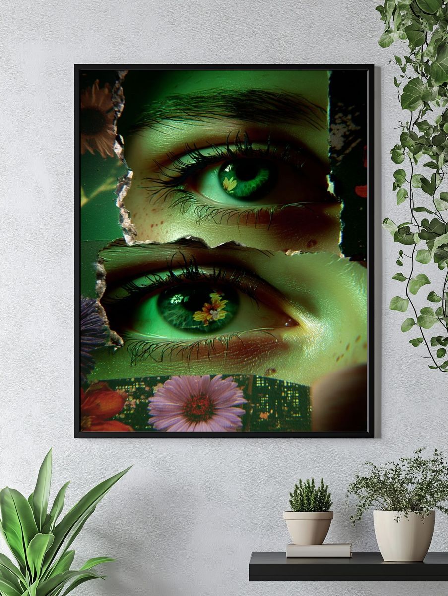 Green Floral Eyes Digital Art Print. — room view 4