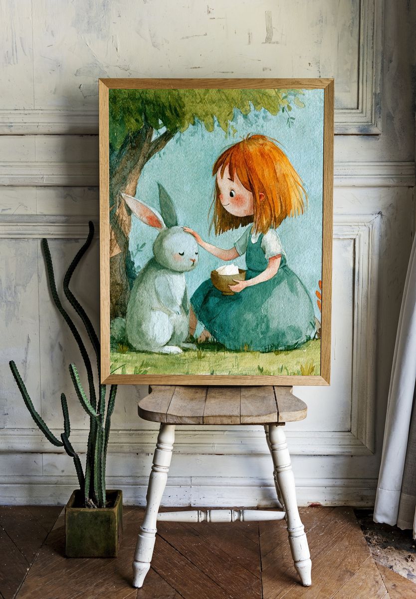 Girl and Rabbit Watercolor Print. room preview