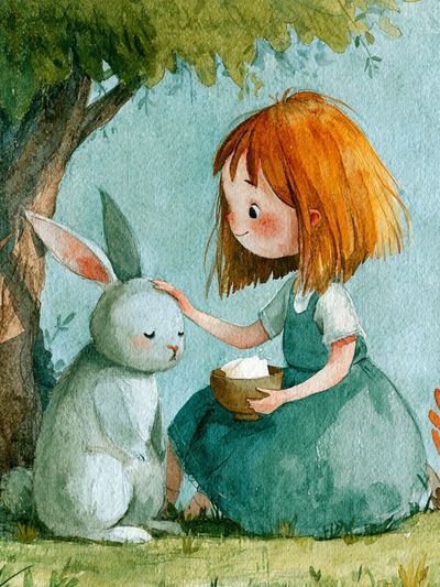 Girl and Rabbit Watercolor Print. poster