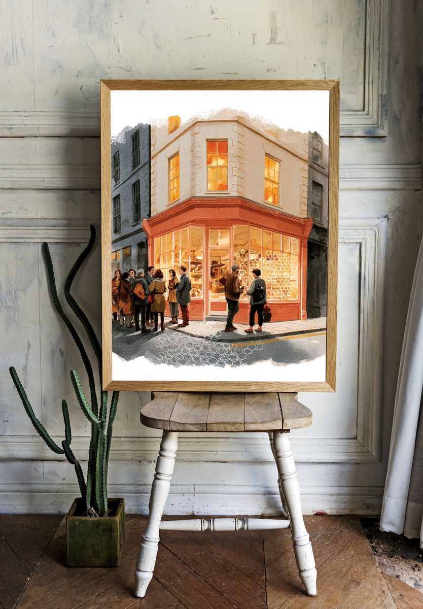 Corner Shop Watercolor Illustration Poster. — room view 1