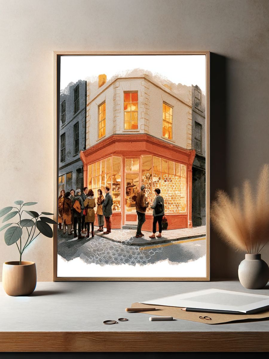 Corner Shop Watercolor Illustration Poster. — room view 2
