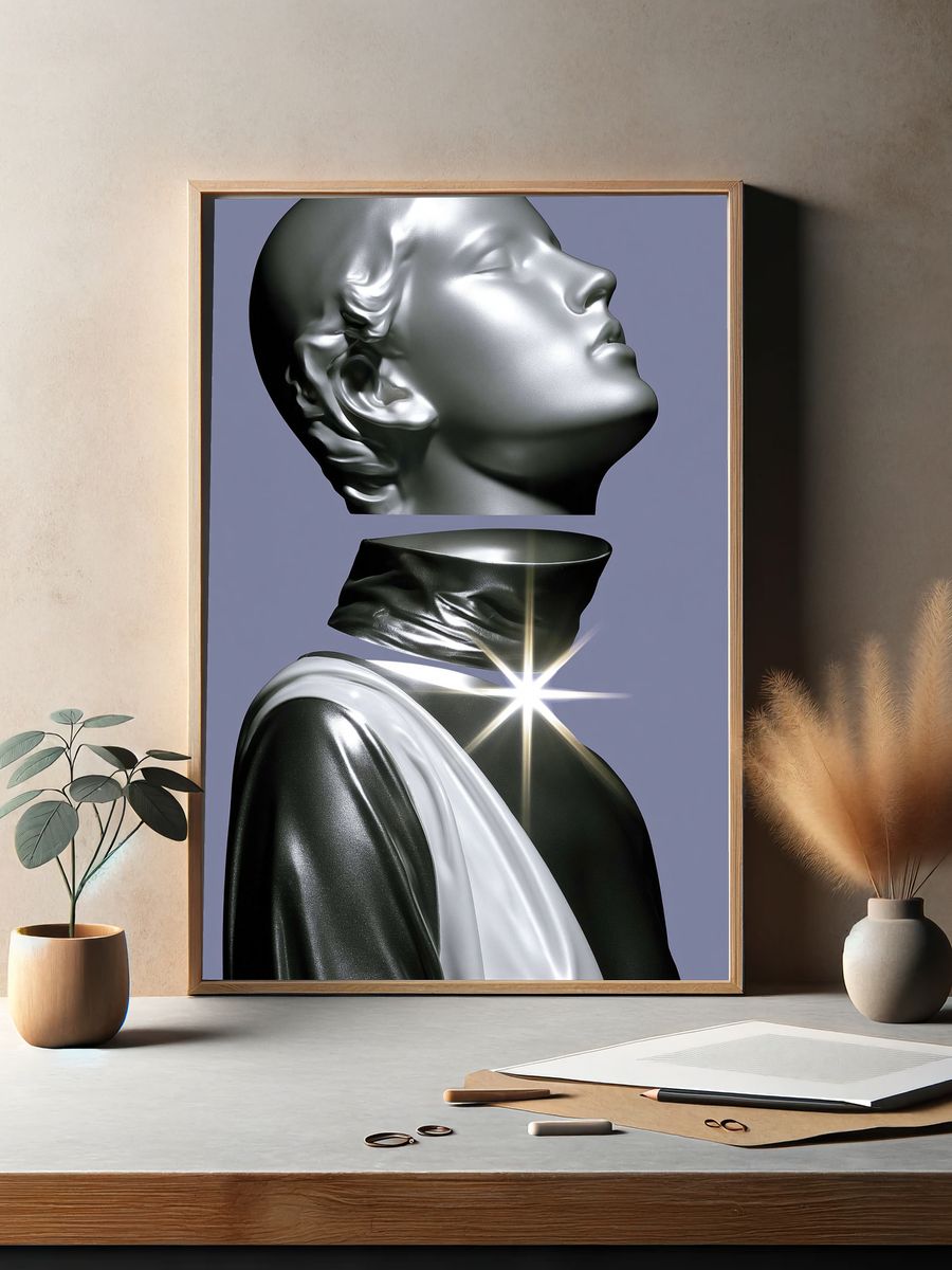 Surreal Metallic Bust Illustration Poster. — room view 2