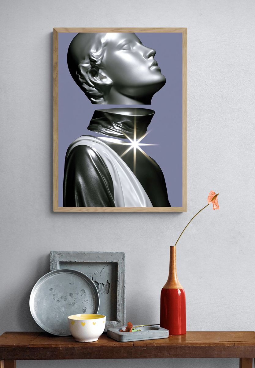 Surreal Metallic Bust Illustration Poster. — room view 3