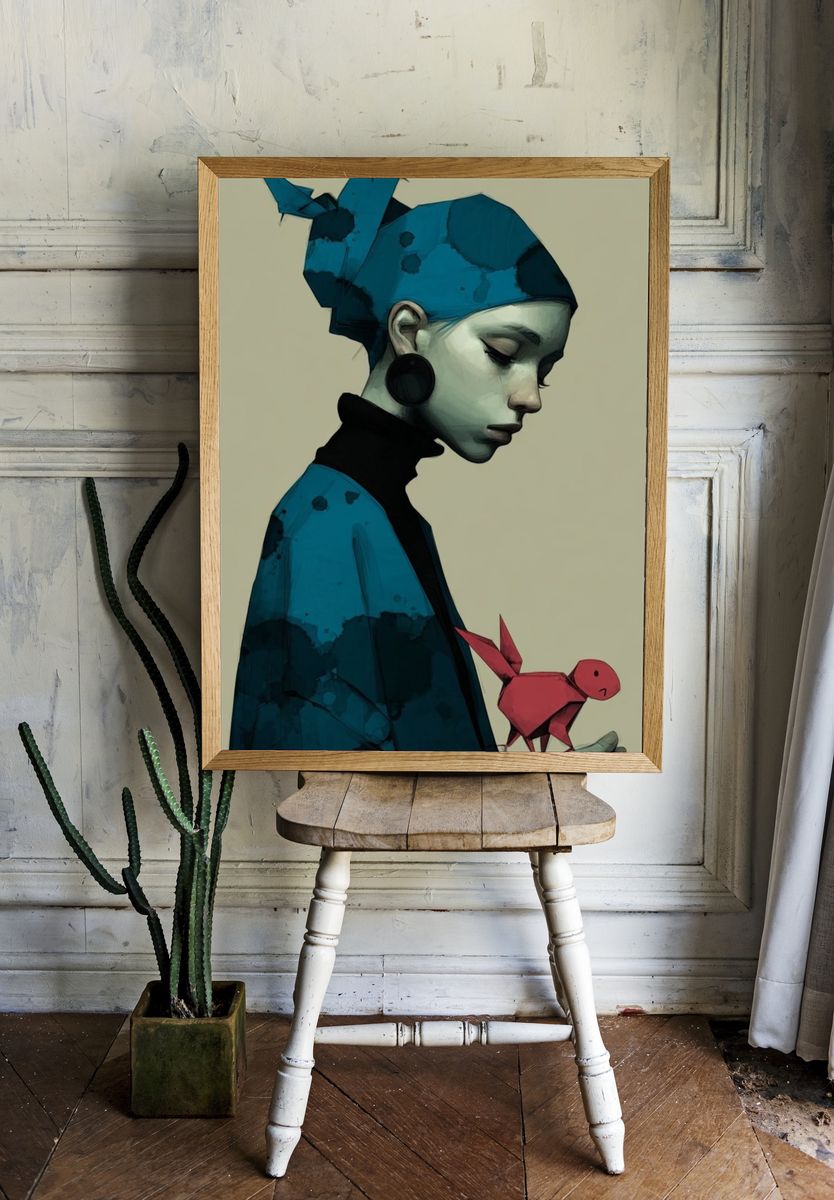 Origami Girl Portrait Print. room preview