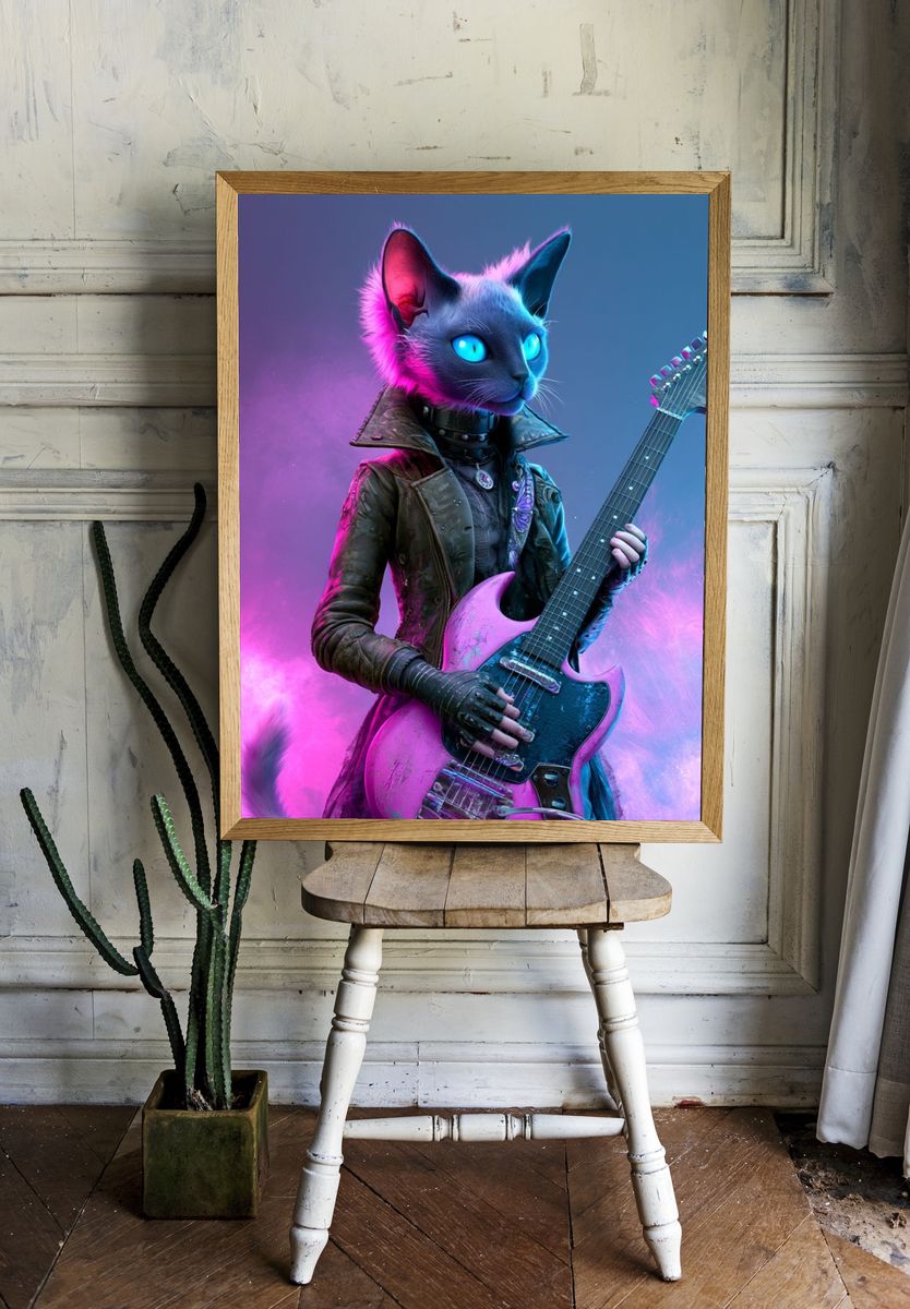 Neon Cat Guitarist Illustration Poster. room preview