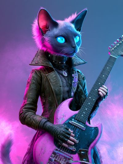 Neon Cat Guitarist Illustration Poster.