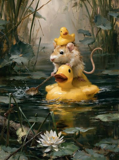 Duck Ride Mouse Illustration Poster. poster