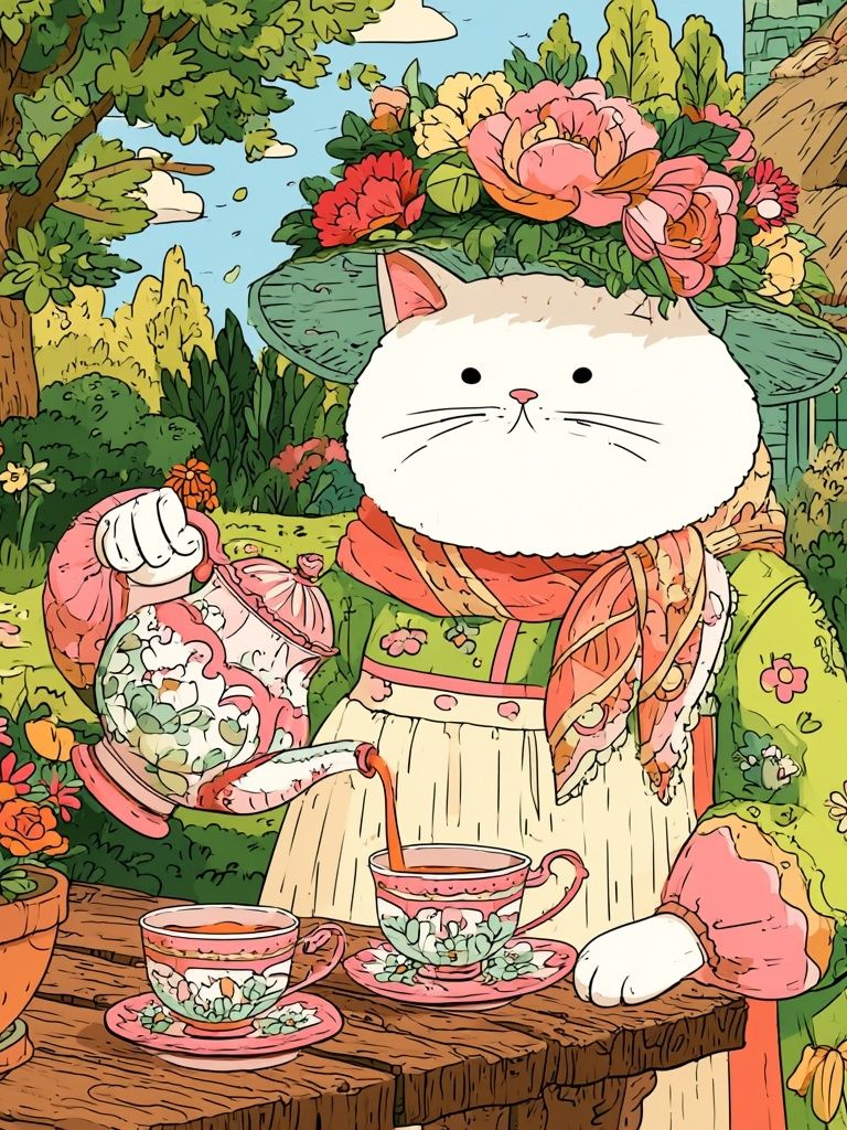 Garden Cat Tea Party Illustration Poster. poster — illustration art