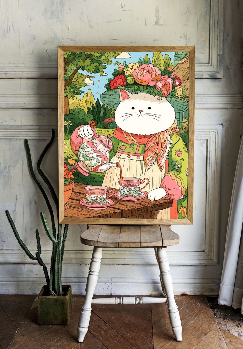 Garden Cat Tea Party Illustration Poster. room preview