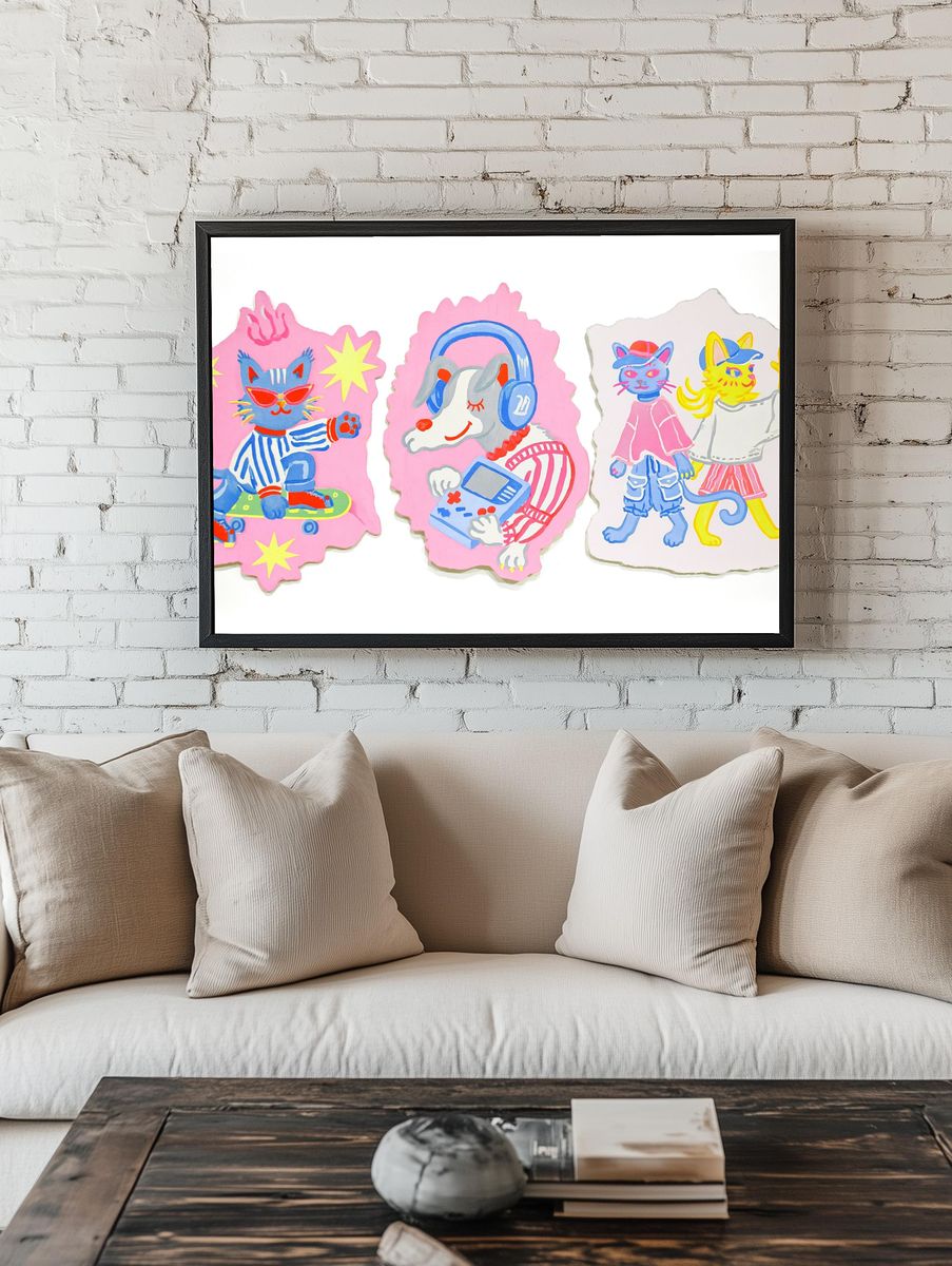 Playful Cat and Dog Illustration Poster. room preview
