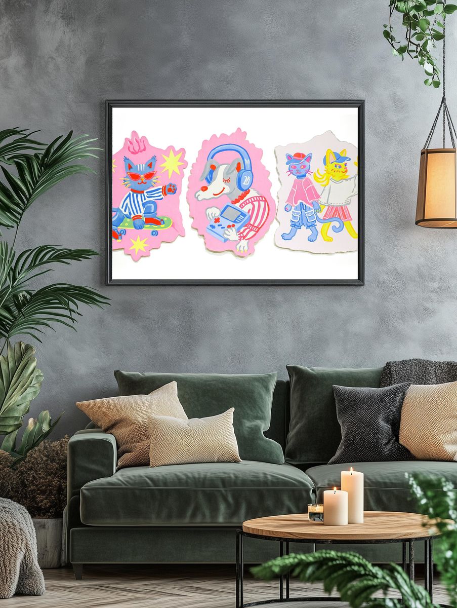Playful Cat and Dog Illustration Poster. — room view 4