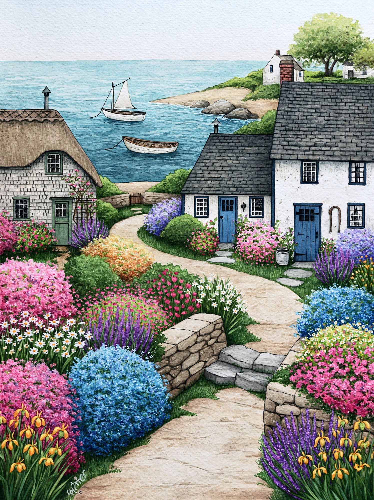 Coastal Cottage Garden Print. poster — illustration art