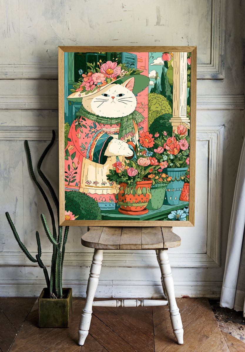 Floral Cat Garden Illustration Poster. — room view 1