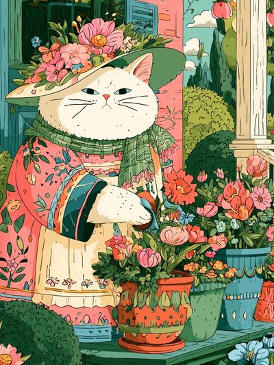 Floral Cat Garden Illustration Poster.