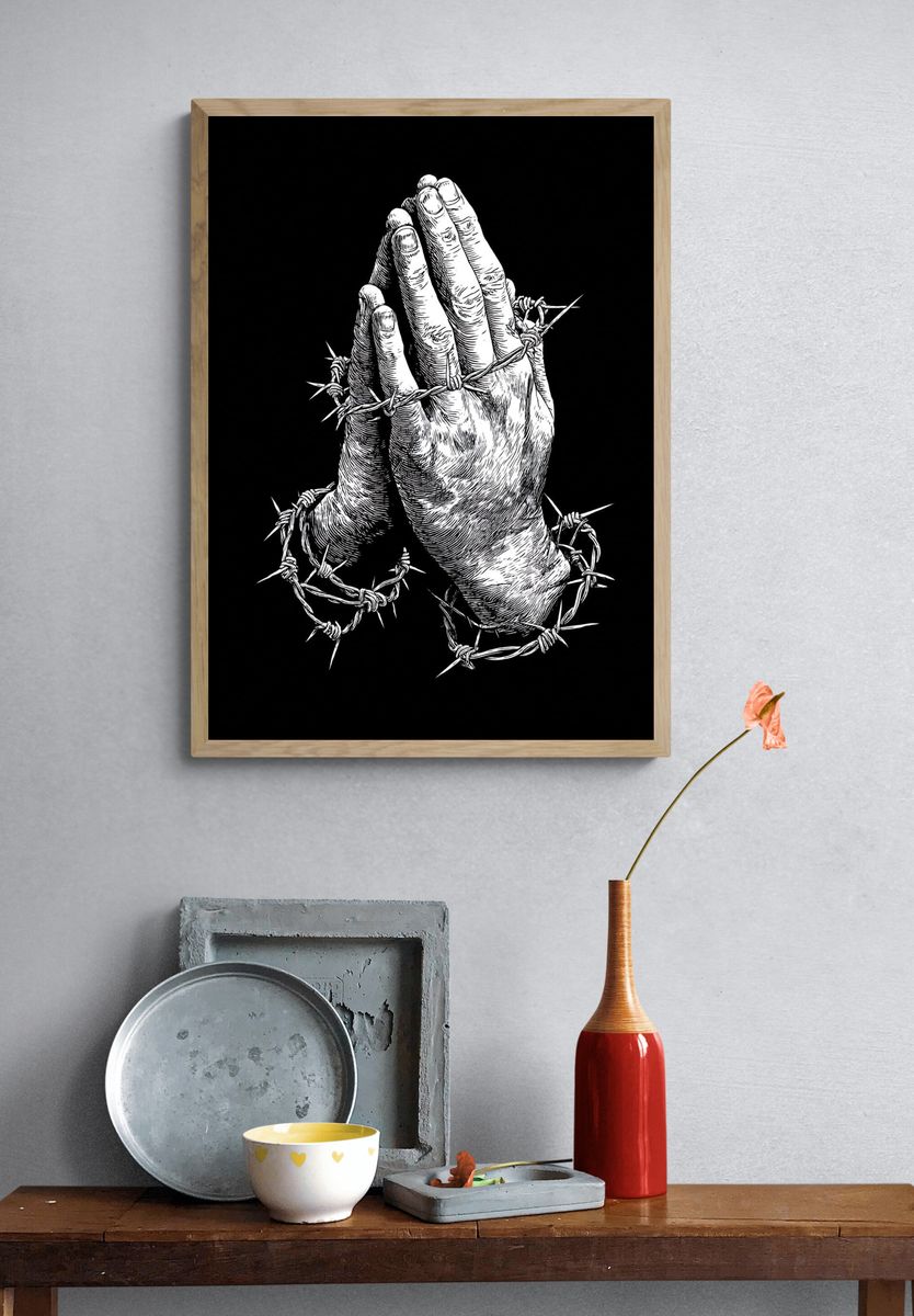 Praying Hands Barbed Wire Poster. — room view 3