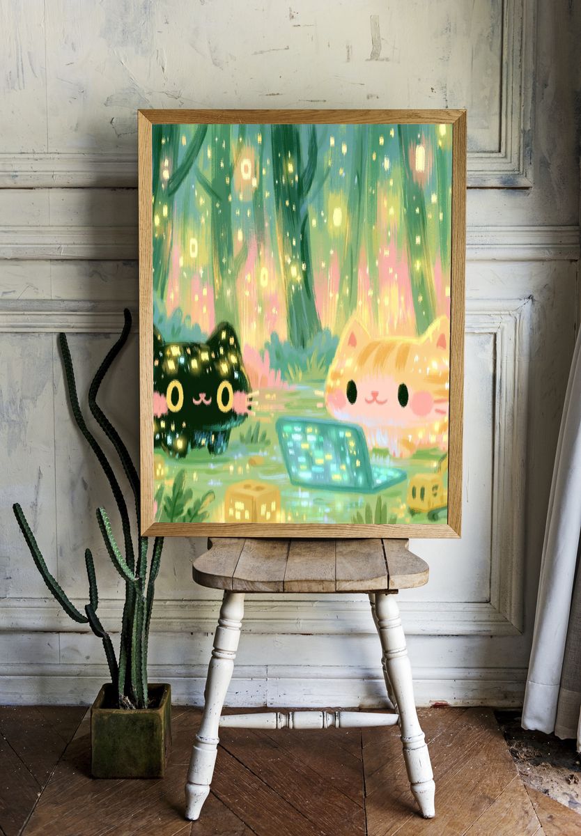 Glowing Cat Forest Illustration Poster. room preview