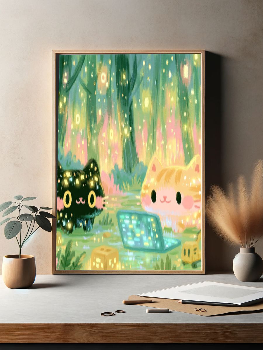 Glowing Cat Forest Illustration Poster. — room view 2