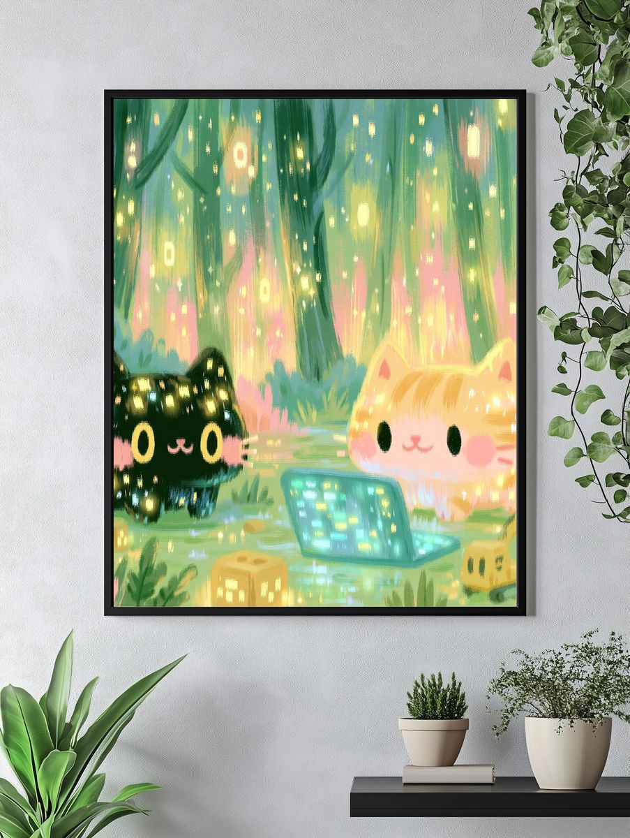 Glowing Cat Forest Illustration Poster. — room view 4