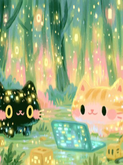 Glowing Cat Forest Illustration Poster.