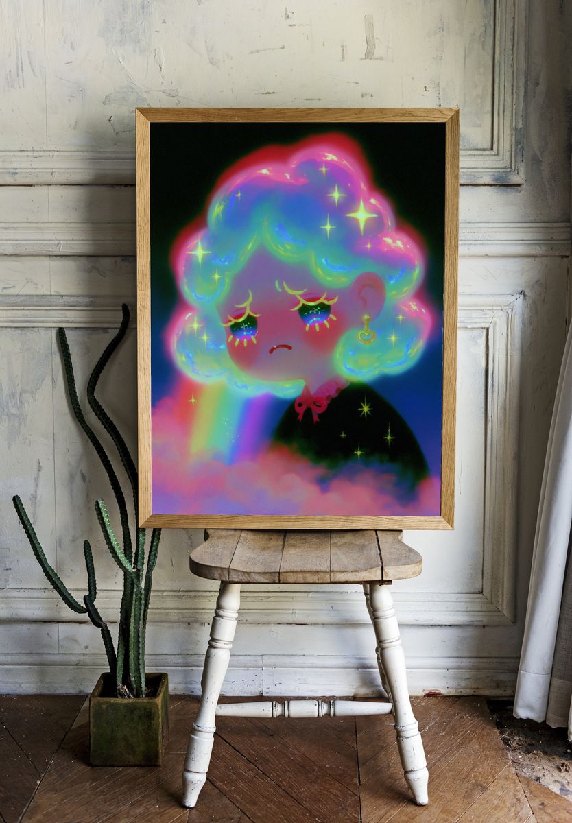 Dreamy Neon Girl Portrait Print. room preview