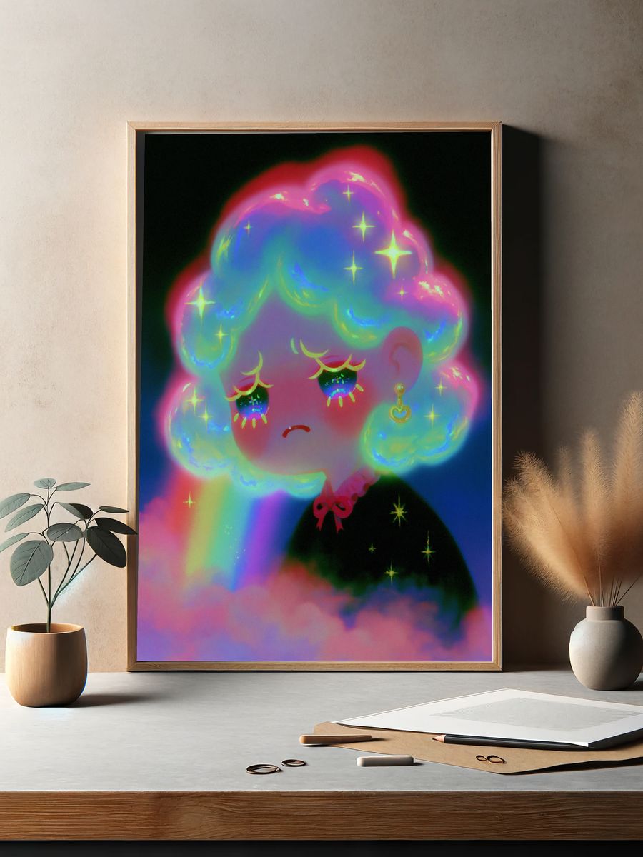 Dreamy Neon Girl Portrait Print. — room view 2
