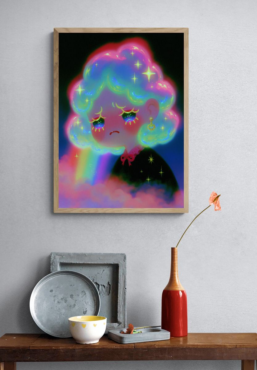 Dreamy Neon Girl Portrait Print. — room view 3