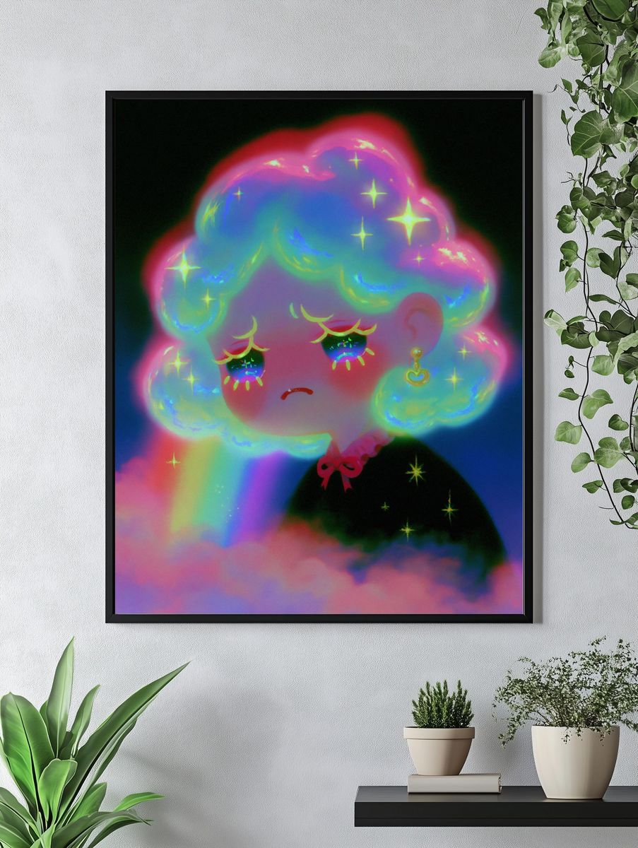 Dreamy Neon Girl Portrait Print. — room view 4