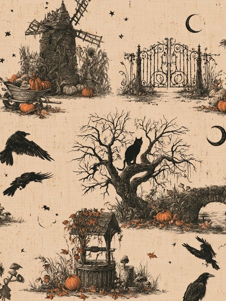 Halloween Garden Scene Vintage Print. poster — illustration art