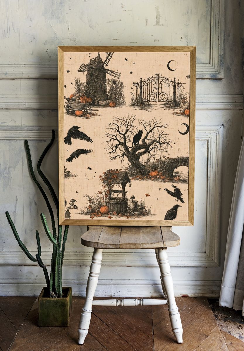 Halloween Garden Scene Vintage Print. — room view 1