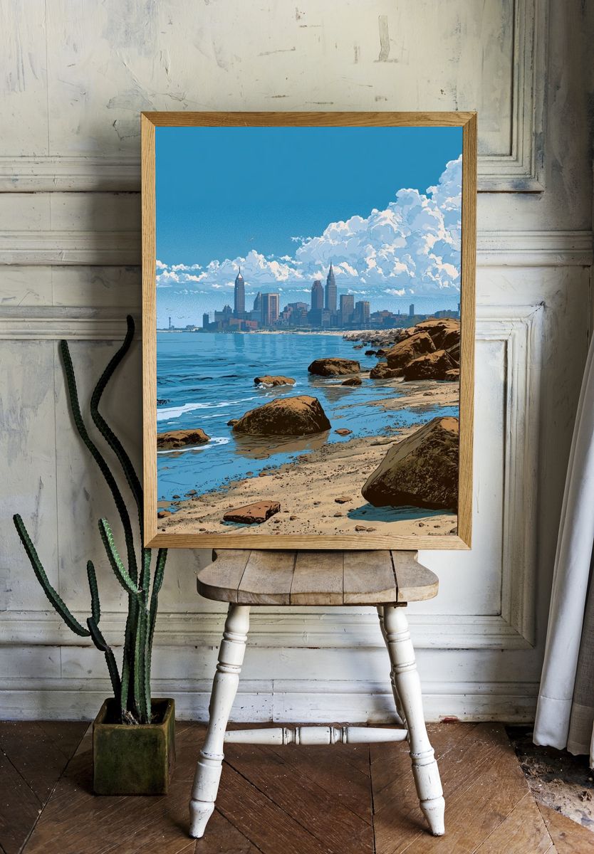 Coastal City Skyline Illustration Print. — room view 1