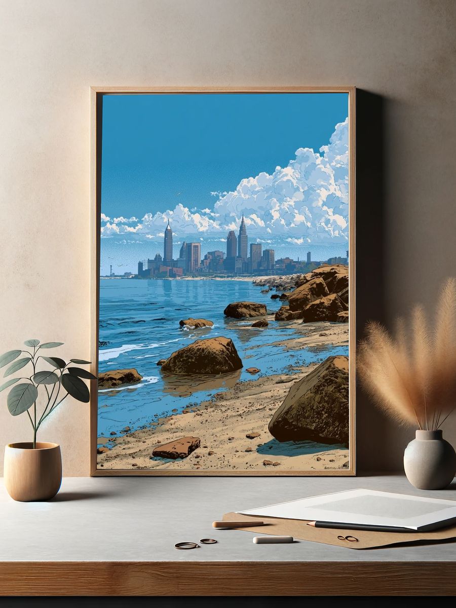 Coastal City Skyline Illustration Print. — room view 2