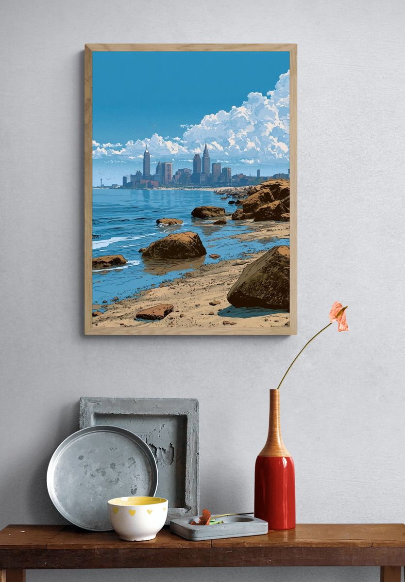 Coastal City Skyline Illustration Print. — room view 3