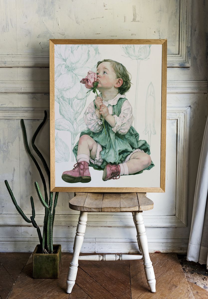 Child with Flower Watercolor Print. room preview