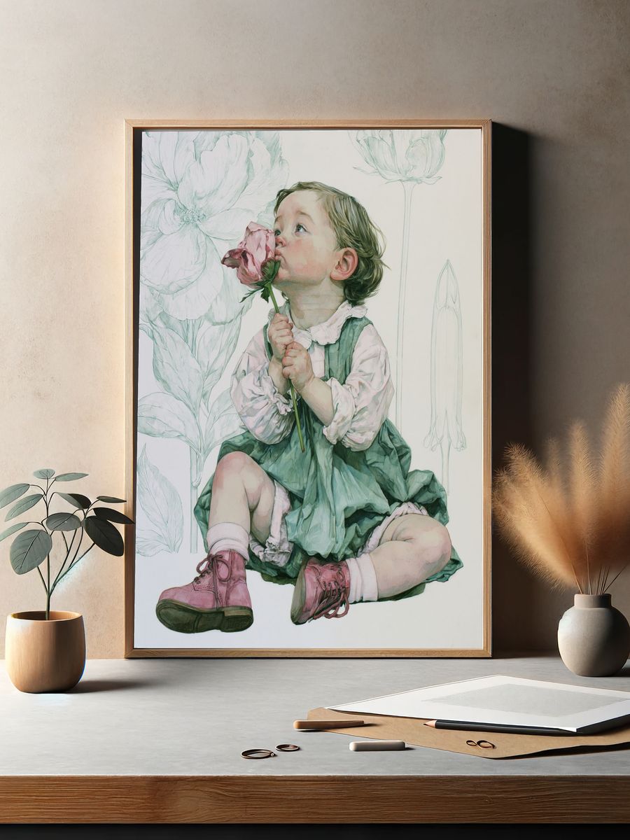 Child with Flower Watercolor Print. — room view 2