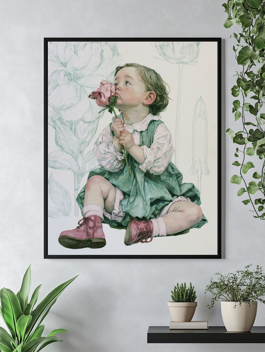Child with Flower Watercolor Print. — room view 4