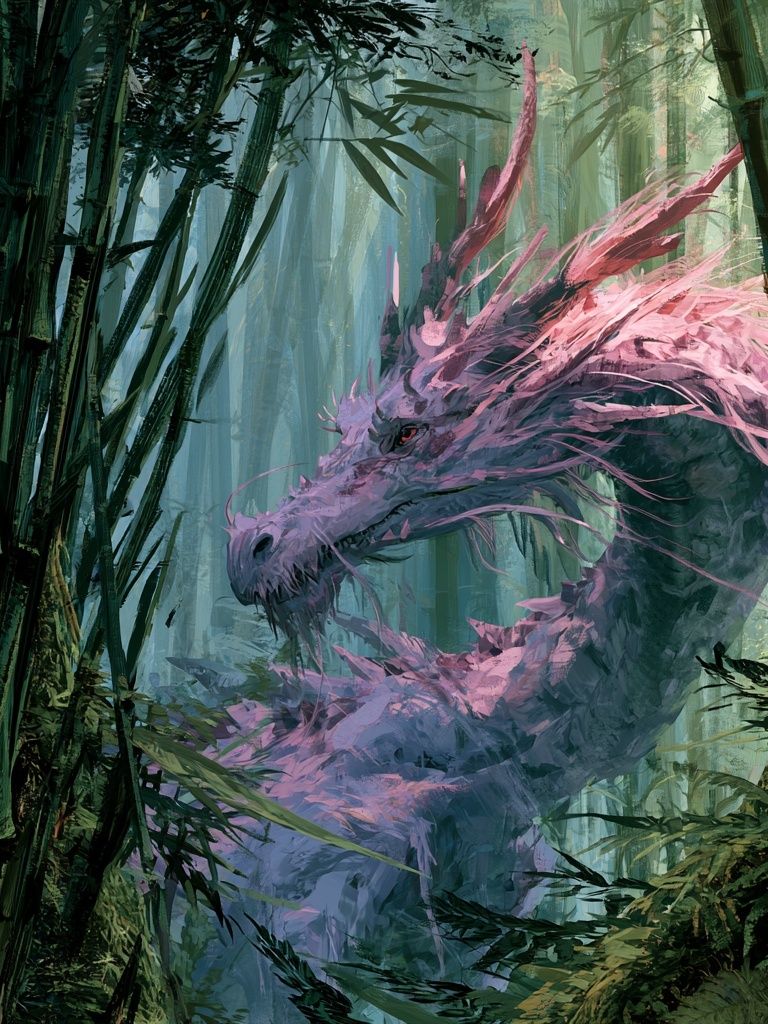 Pink Dragon in Bamboo Forest Poster. poster — illustration art