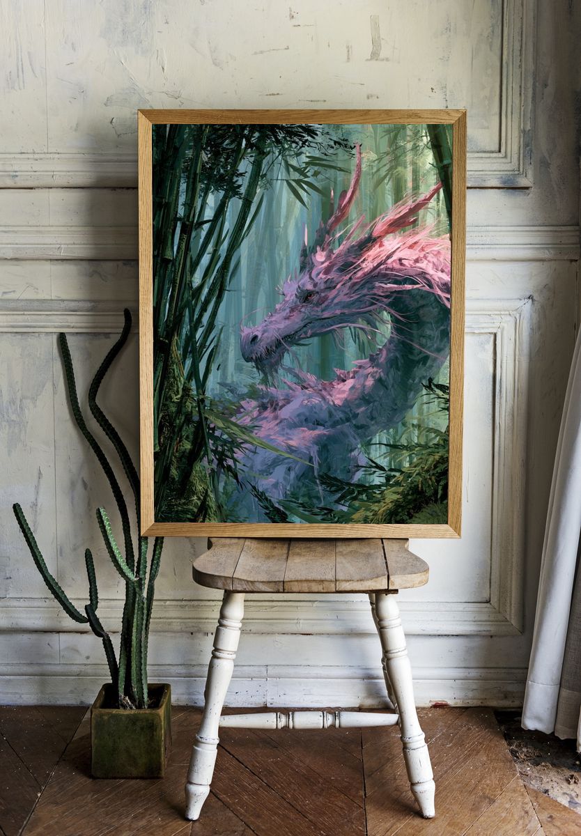 Pink Dragon in Bamboo Forest Poster. room preview