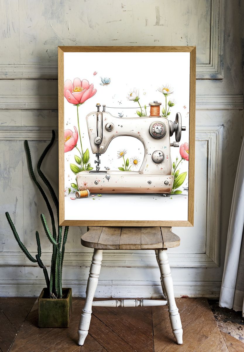 Floral Sewing Machine Illustration Poster. — room view 1