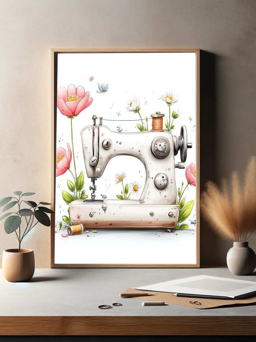 Floral Sewing Machine Illustration Poster. — room view 2