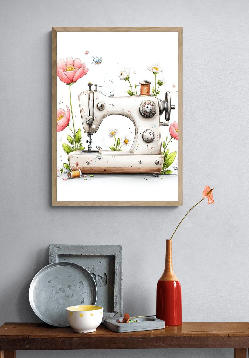 Floral Sewing Machine Illustration Poster. — room view 3