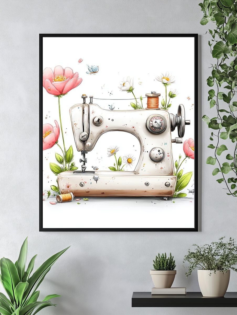 Floral Sewing Machine Illustration Poster. — room view 4