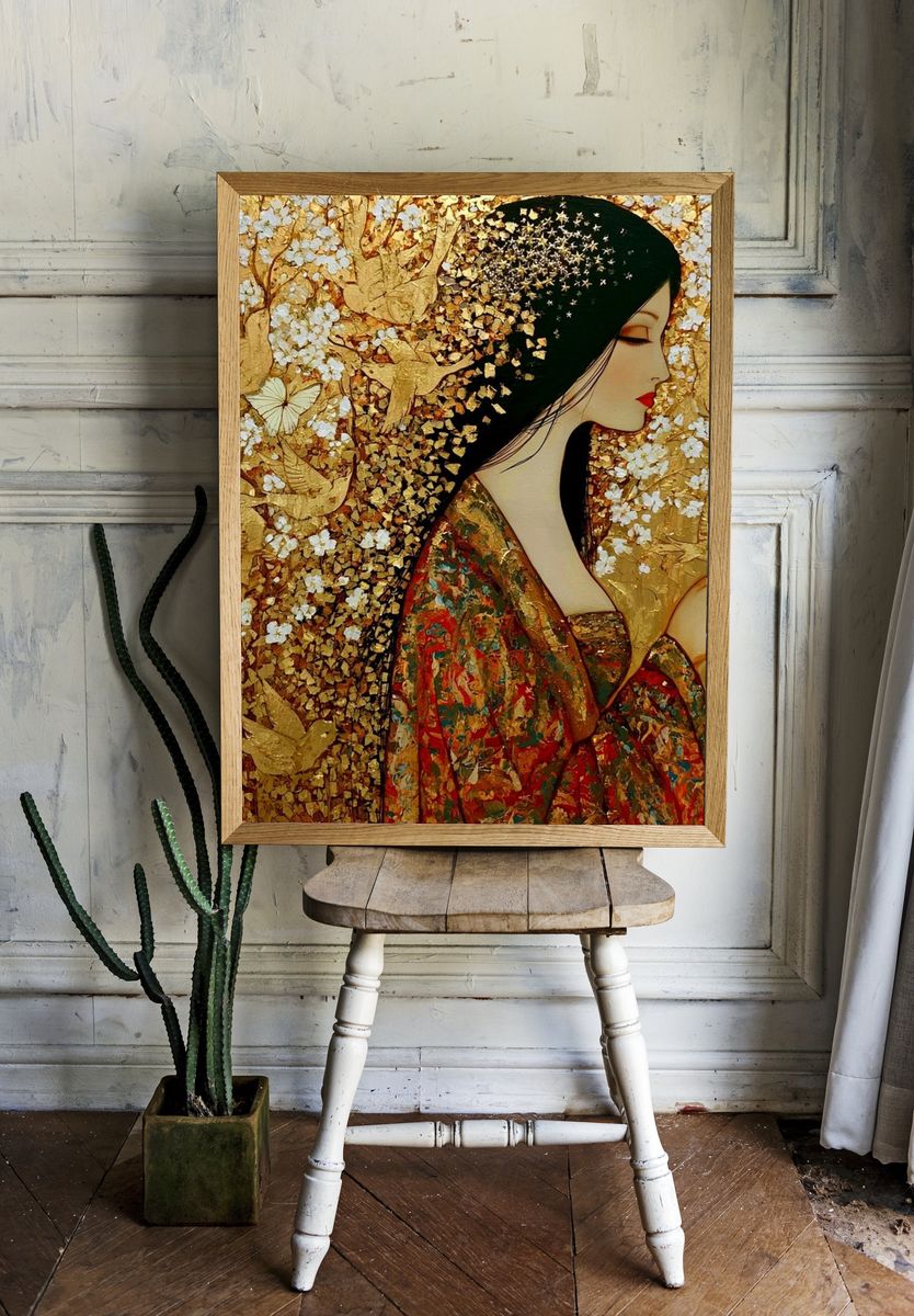 Golden Geisha Portrait Print. room preview