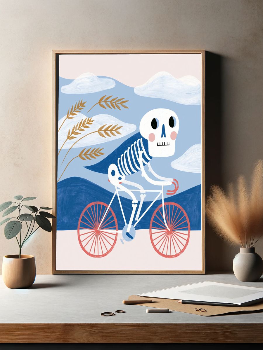 Skeleton Bicycle Illustration Poster. — room view 2